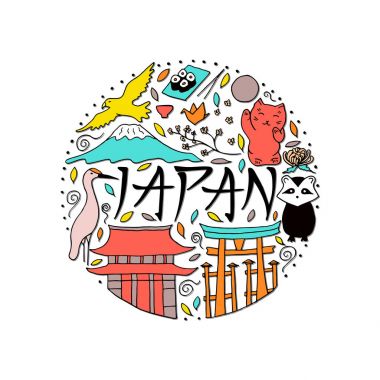 El Japonya'nın sembolleri çizilmiş. Japon Kültür ve mimari. 