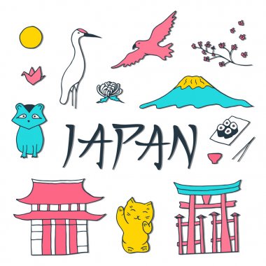 El Japonya'nın izole sembolleri çizilmiş. Japon Kültür ve archi