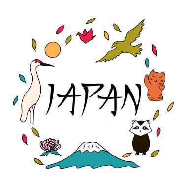 El yazı ve Japonya unsurları doodle. 