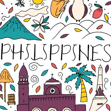 El yazı ve Filipinler unsurları doodle. 