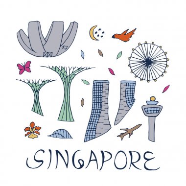 Singapur sembolleri ile izole vektör simgeleri. 