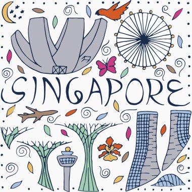 Elle çizilmiş vektör Singapur illüstrasyon. 