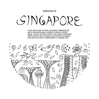 Kültür ve mimari Singapur. Singapur sembolleri. Çizilmiş vektör çizim el.