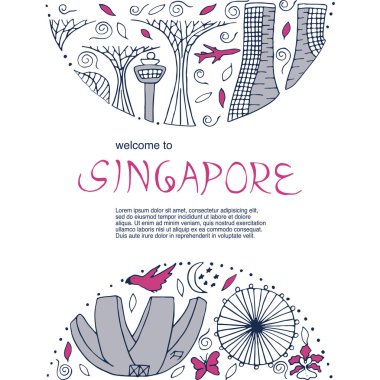 Kültür ve mimari Singapur. Singapur sembolleri. Çizilmiş vektör çizim el.
