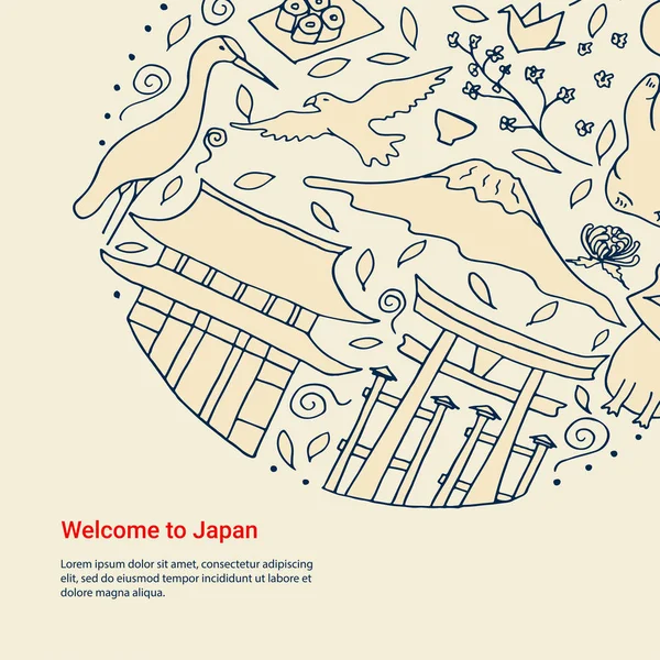 Symboles dessinés à la main du Japon. Culture et architecture japonaises . — Image vectorielle