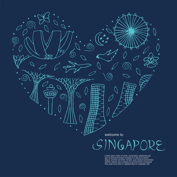 Cultura e architettura di Singapore. Tutti i simboli principali in cuore — Vettoriale Stock