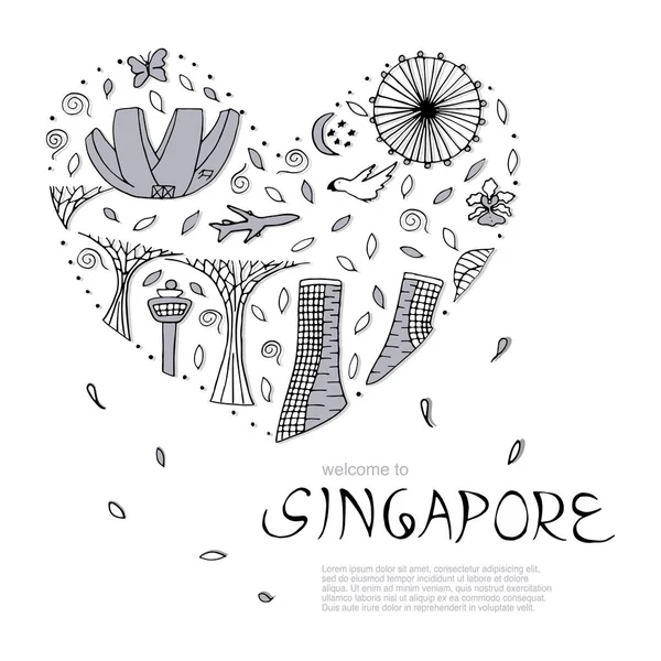 Cultura y arquitectura de Singapur. Todos los símbolos principales en el corazón — Vector de stock