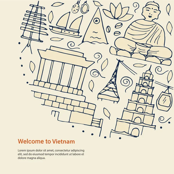 Koncepce designu s symboly Vietnamu a jednoduchý text. — Stockový vektor