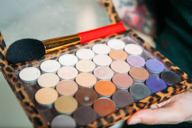 Makyaj fırça ve eller makyöz gölgelerde