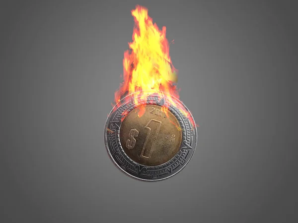 One Mexican peso coin with flames. — Stock Photo, Image