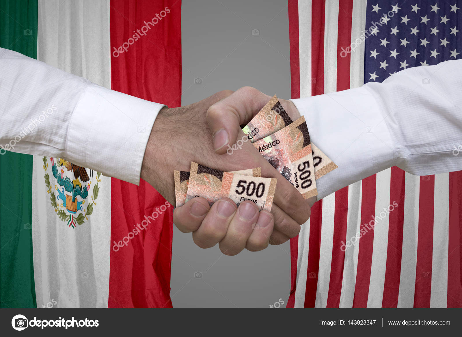500 pesos bills handshake with USA and Mexican flags background. — Stock  Photo © Lucinghialozzo #143923347