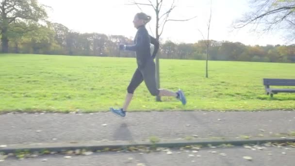 Biała Kobieta Średnim Wieku Biegnie Przez Wieś Trening Fitness Parku — Wideo stockowe