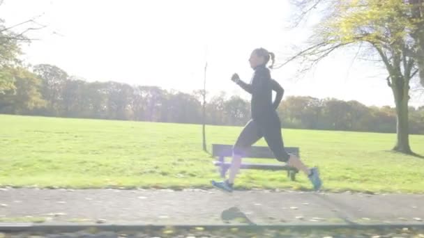 Biała Kobieta Średnim Wieku Biegnie Przez Wieś Trening Fitness Parku — Wideo stockowe