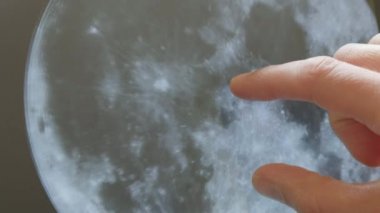 Astronomi bilimi temalı bir ekranda ayın evrelerine bakan beyaz bir adamın yansıması. Dünya, Nasa 'dan kamuya ait görüntülerle dolu.