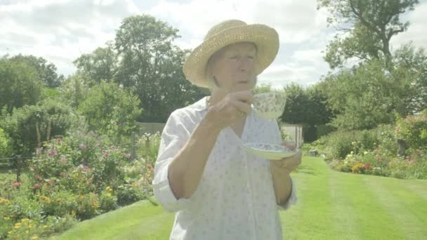 シニア白人女性は彼女の庭でお茶を飲みます退職高齢者のテーマリラックスした飲酒 — ストック動画