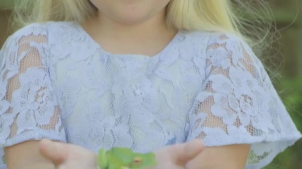 Kafkasyalı Kız Elinde Beyaz Dudaklı Ağaç Kurbağası Tutuyor Hayal Gücünün — Stok video