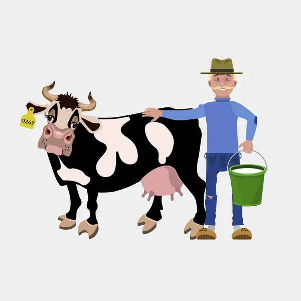 Vaca y agricultor — Vector de stock