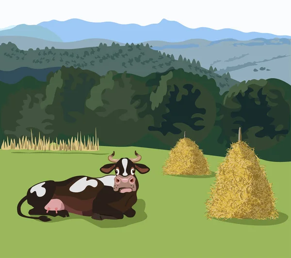 Berglandschaft mit Kuh — Stockvektor