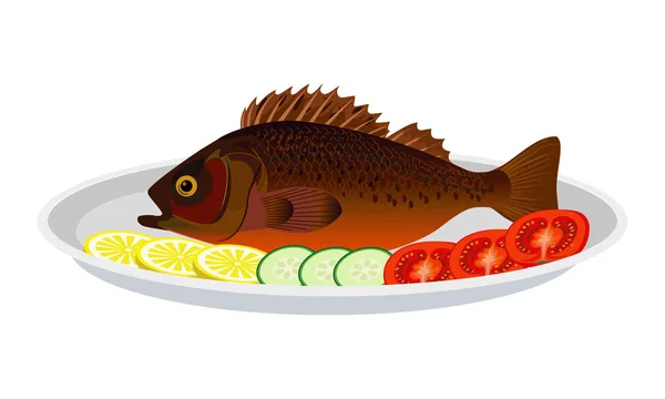 Peixe frito com verduras em uma chapa — Vetor de Stock