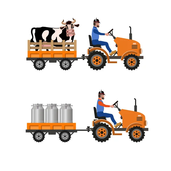 Tractor de granja con carro — Vector de stock