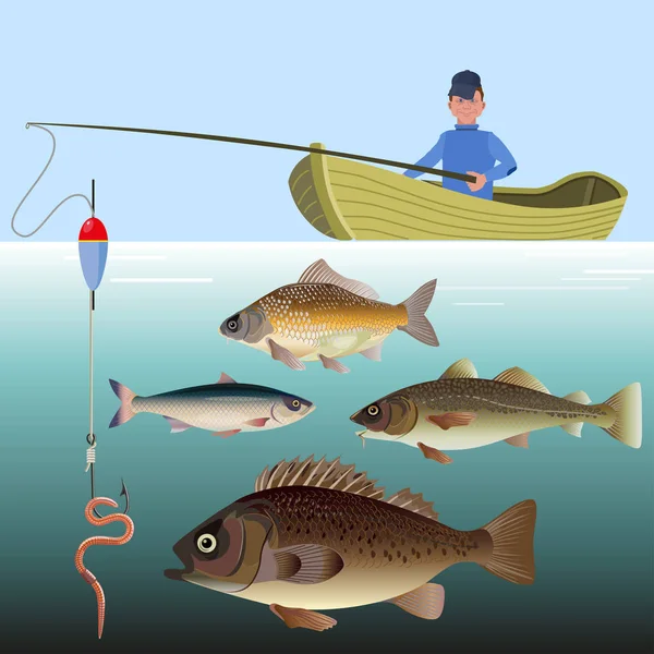 Hombre pescando en el barco. — Vector de stock