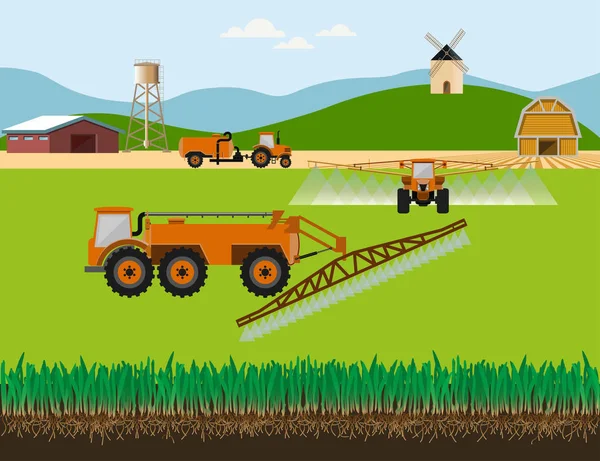 Traktorer som vattning fält — Stock vektor