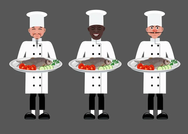 Três cozinheiros com pratos — Vetor de Stock