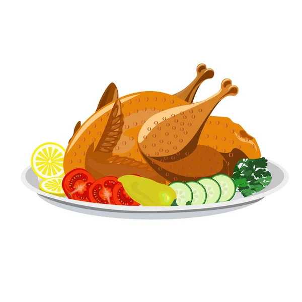 Roasted chicken on the plate — Stock Vector