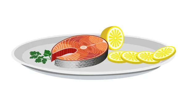 Salmon slices and lemon on a plate. — Stock Vector