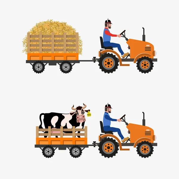 Tractor de granja con carro — Vector de stock