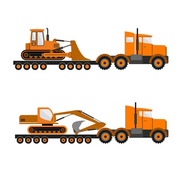 Lowboy reboques com escavadeira e escavadeira . —  Vetores de Stock