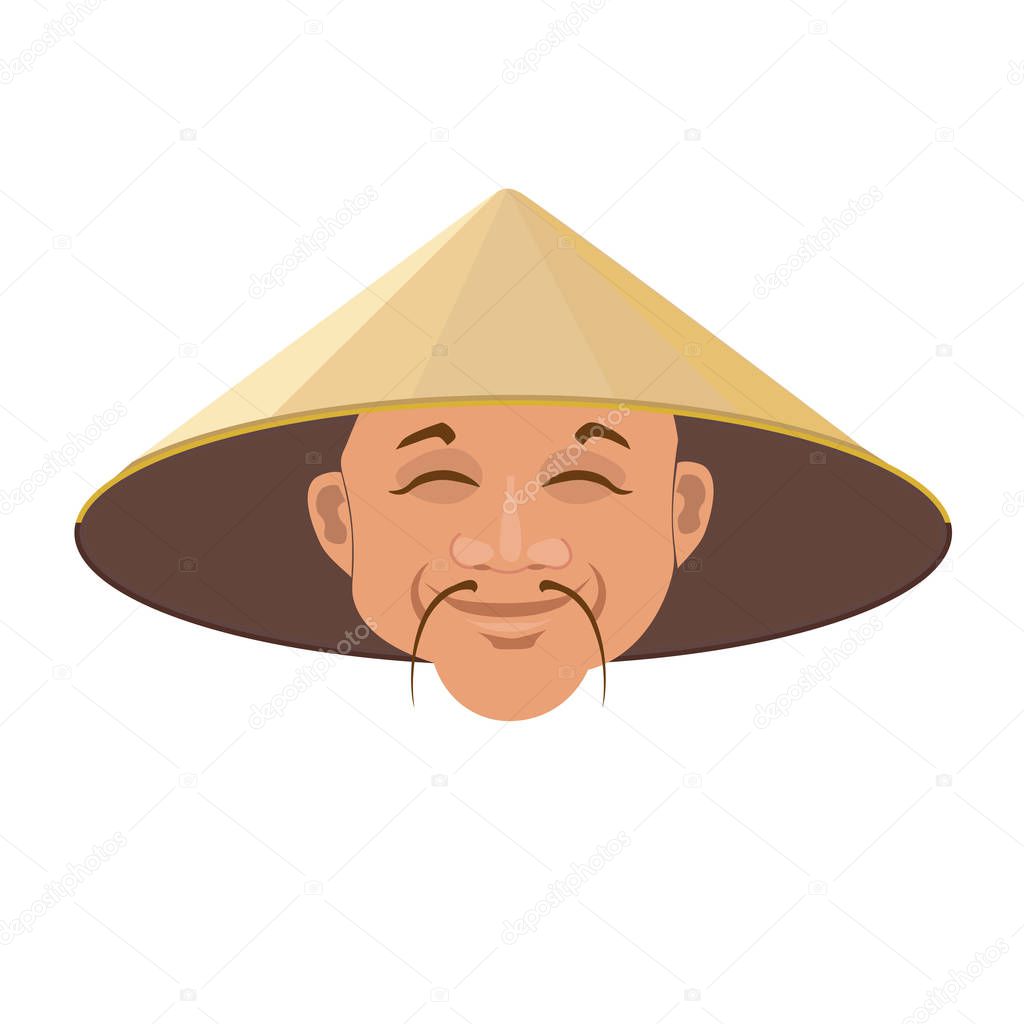 Asian man face in conical straw hat