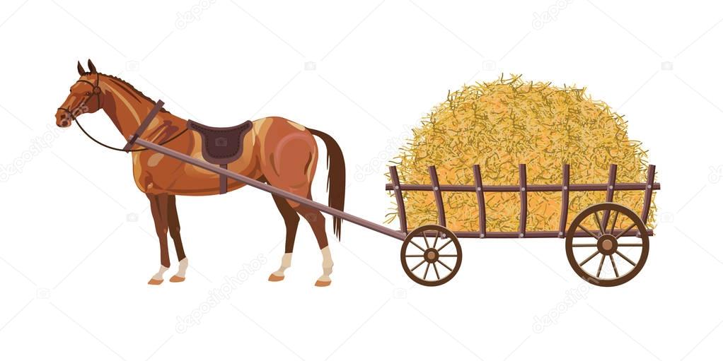 Horse with cart full of hay.