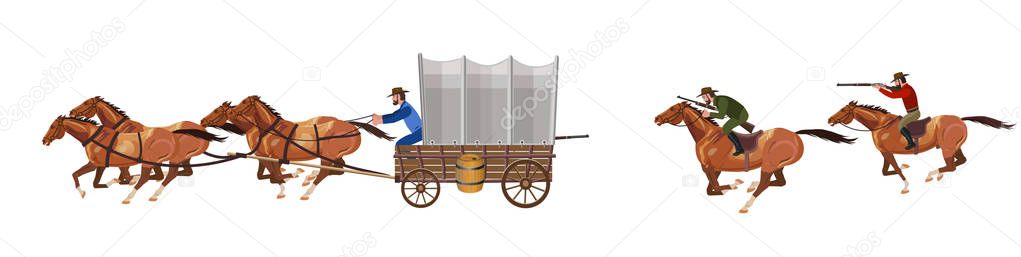 Armed riders chasing a stagecoach Royalty Free Stock Illustrations