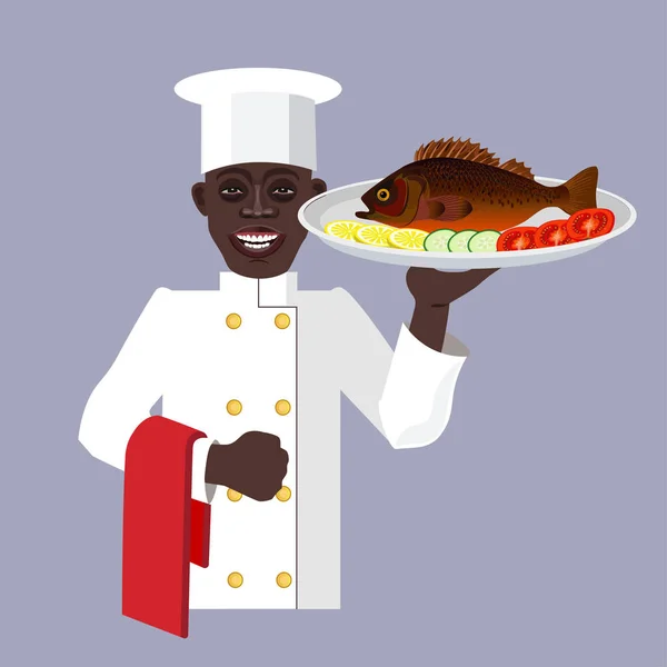 Chef nero che tiene il piatto di pesce — Vettoriale Stock