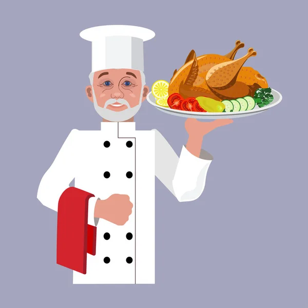 닭 요리를 들고 요리사 — 스톡 벡터