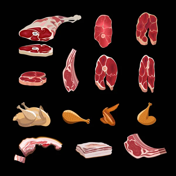 Conjunto de diferentes tipos de carne —  Vetores de Stock