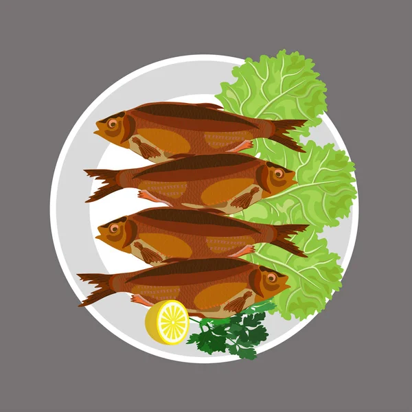 Peixe grelhado no prato —  Vetores de Stock