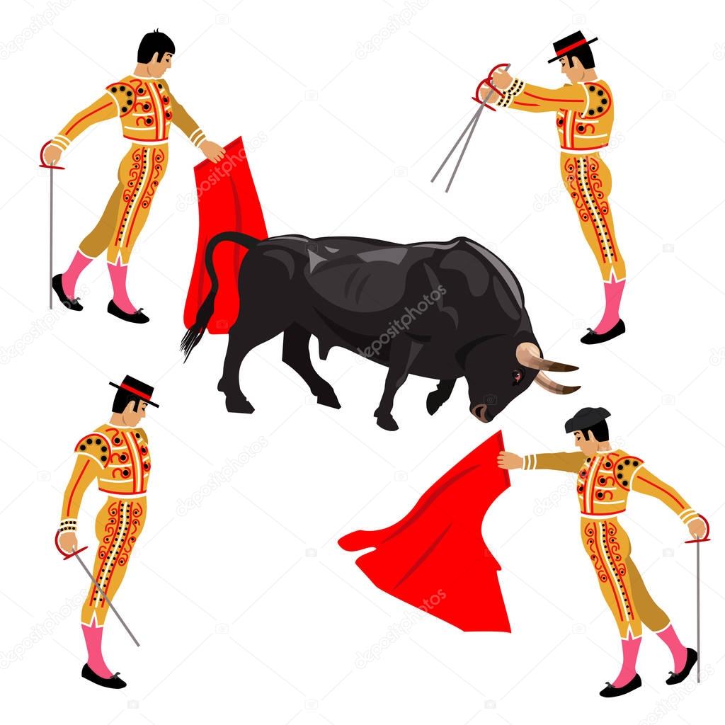 Bullfighting. Bull and matadors