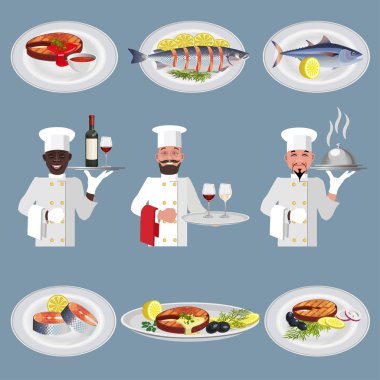 Fish dishes with waiters clipart