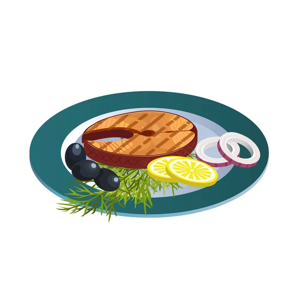 Pescado frito con verduras en un plato . — Vector de stock