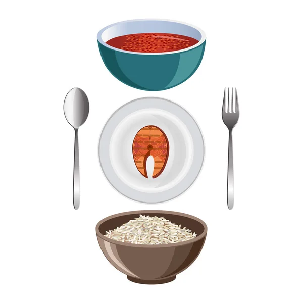 Almuerzo: sopa, pescado y arroz — Archivo Imágenes Vectoriales