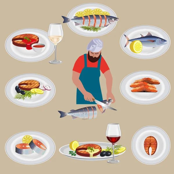 Platos de pescado con chef — Vector de stock