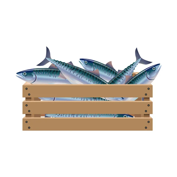 Pescado en caja de madera — Vector de stock