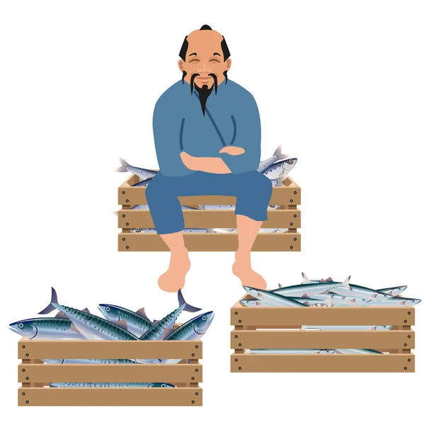 Viejo pescador vende pescado — Vector de stock