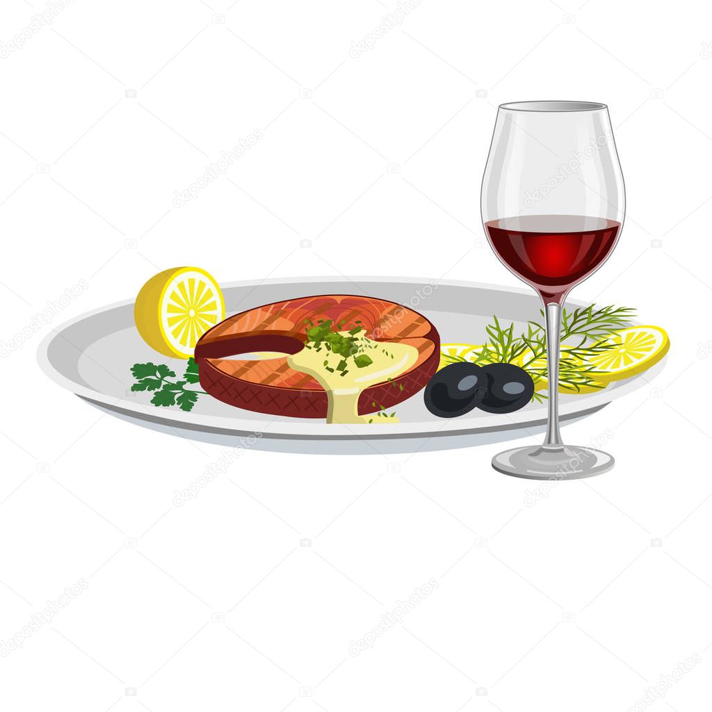 Fried fish with wine glass