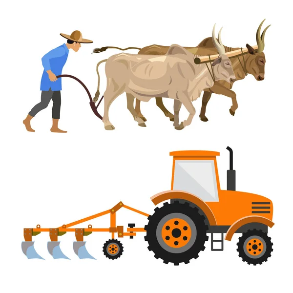 Plowing with cattle and farm tractor — Stock Vector