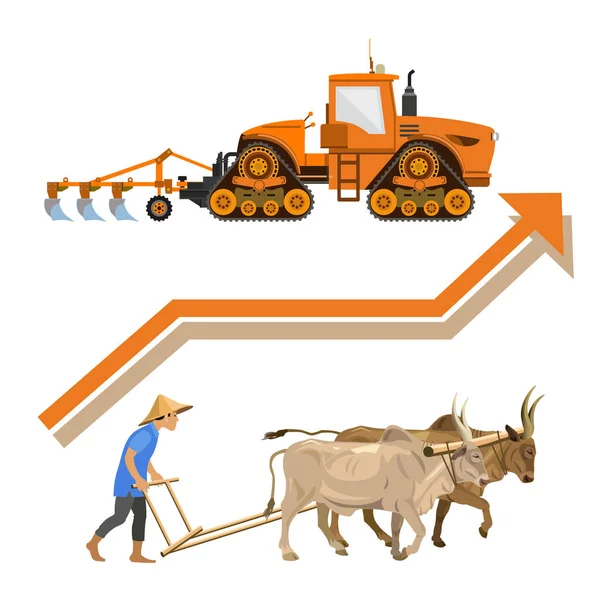 Plowing con bestiame e trattore moderno — Vettoriale Stock
