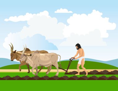 Ancient man with oxen clipart
