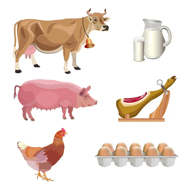 Animales de granja con productos alimenticios — Vector de stock